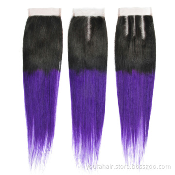 Unprocessed Ombre Two Tone 1B Purple Colored Cuticle Aligned Hair Swiss Lace Closures Peruvian Straight Hair Closure with Bundle